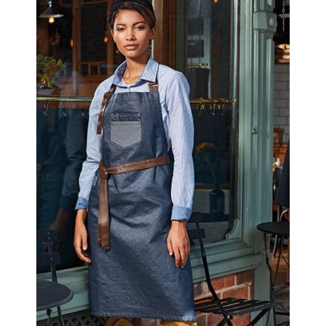 FARTUCH Division Waxed Look Denim Bib Apron With Faux Leather